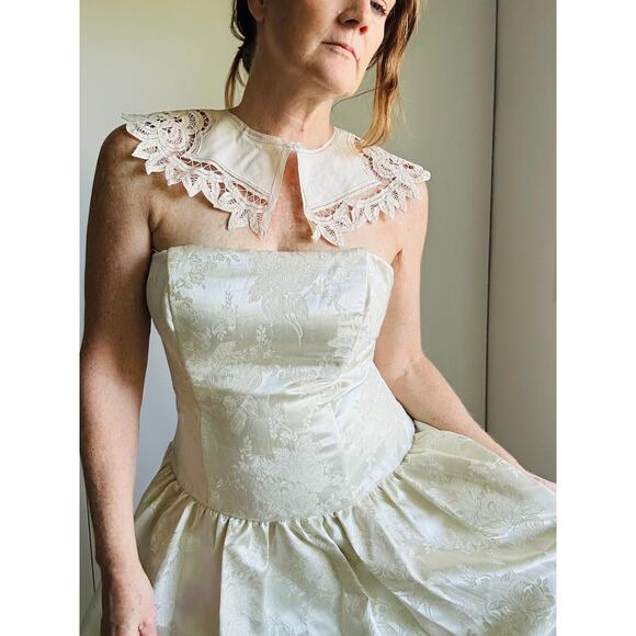 90s Cream Prom Dress Strapless Brocade Size M Fairy tale Coquette Ballerina - Picture 6 of 6